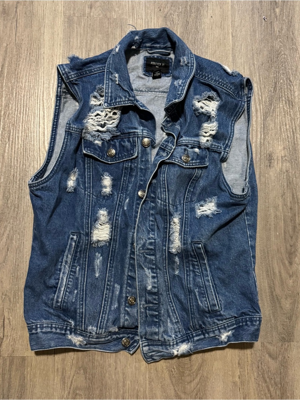 Forever 21 Distressed Dark Blue Denim Sleeveless Jacket